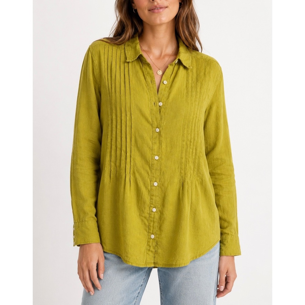 Free People Linen Top Pintuck Button Front Long Sleeve Chartreuse Yellow Large